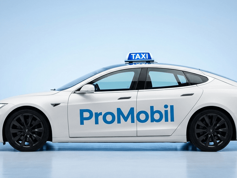 Weißes Tesla-Taxi mit dem ProMobil-Logo an der Seite